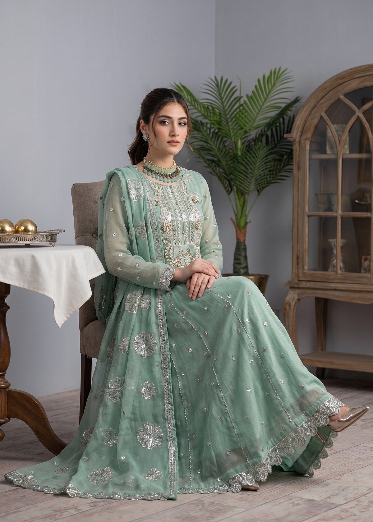 Pakistani Designer Mint Green Chiffon Salwar Kameez Online in KSA Riyadh Saudi Arabia Oman Bahrain Qatar