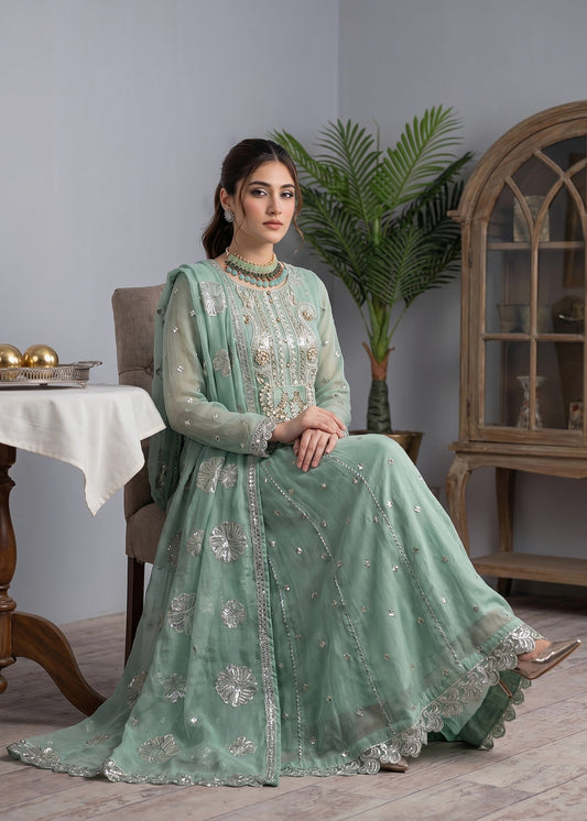 Pakistani Designer Mint Green Chiffon Salwar Kameez Online in KSA Riyadh Saudi Arabia Oman Bahrain Qatar