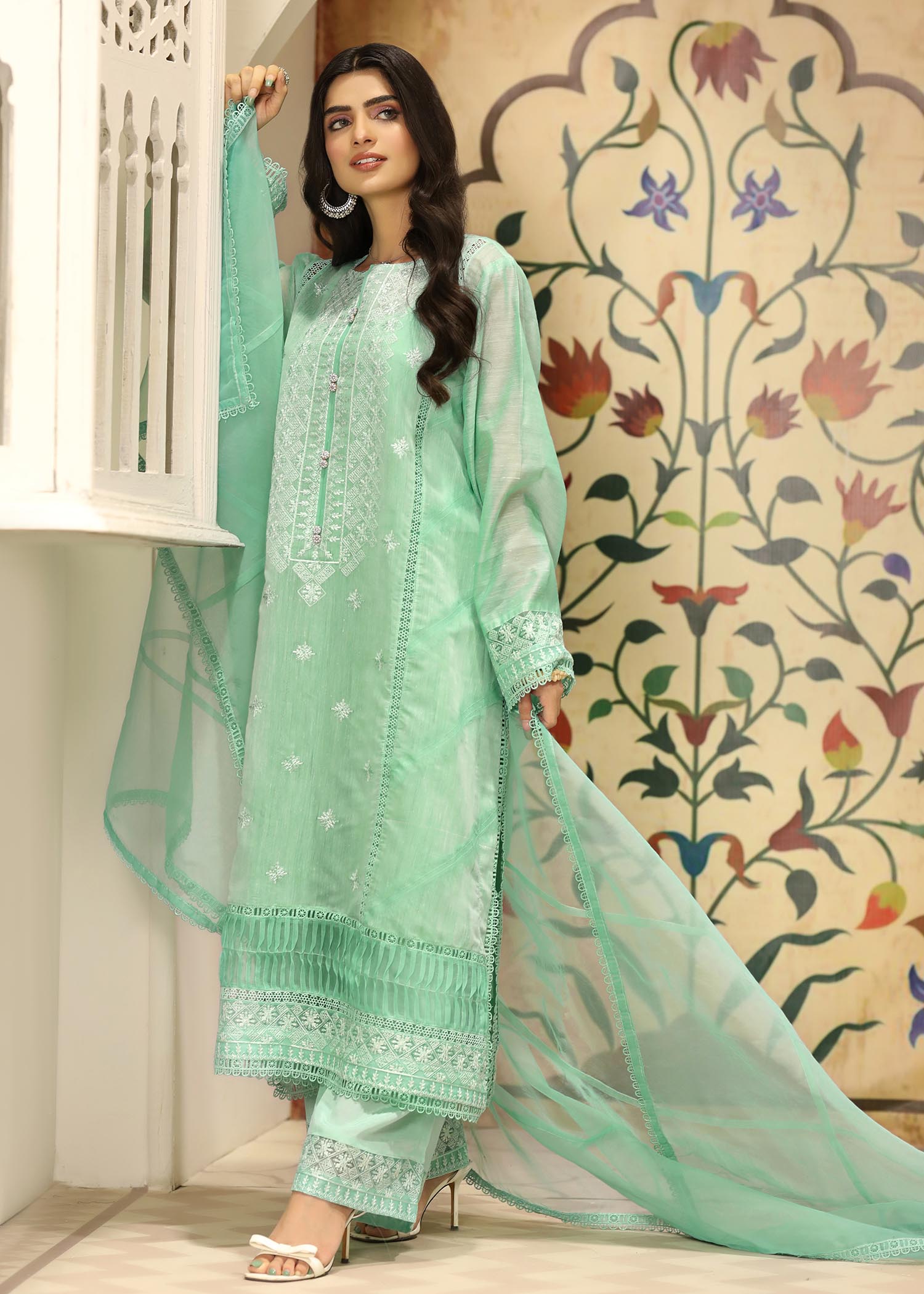 Pakistani Designer Mint Green Cotton Salwar Kameez Online in KSA Riyadh Saudi Arabia Oman Bahrain Qatar
