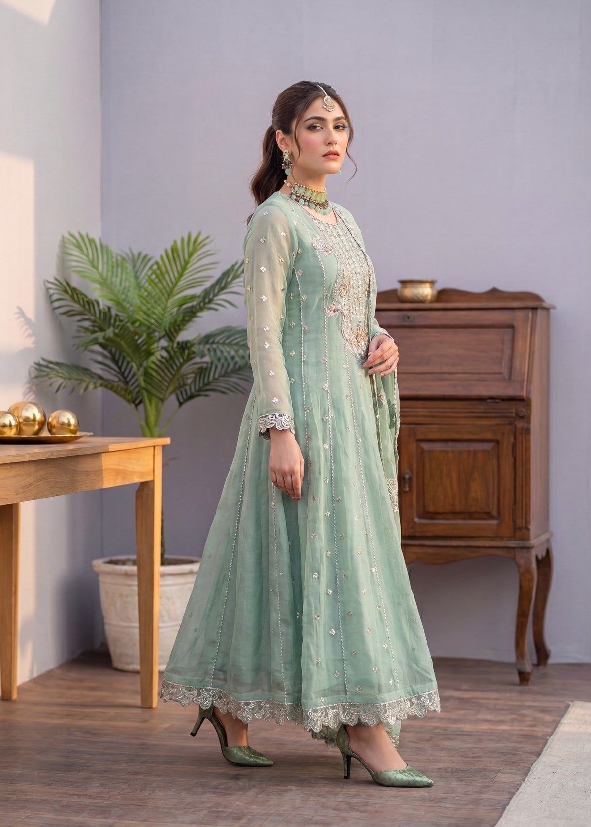 Pakistani Designer Mint Green Embroidered Chiffon Suit Online in UK USA Canada