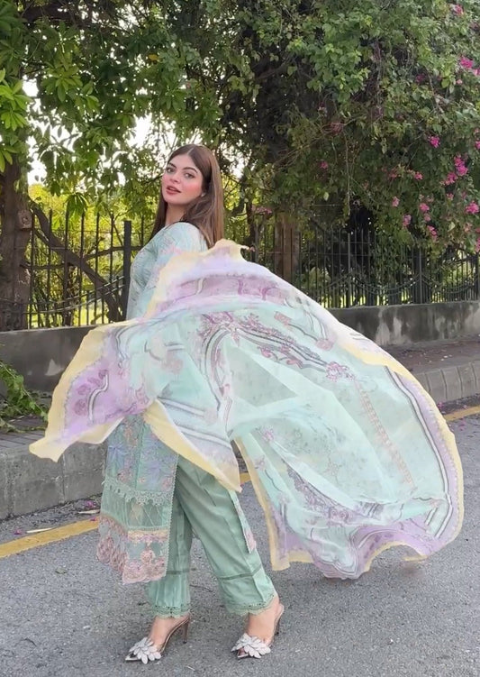 Pakistani Designer Mint Green Embroidered Cotton Silk Salwar Kameez Online in KSA Riyadh Saudi Arabia Oman Bahrain Qatar
