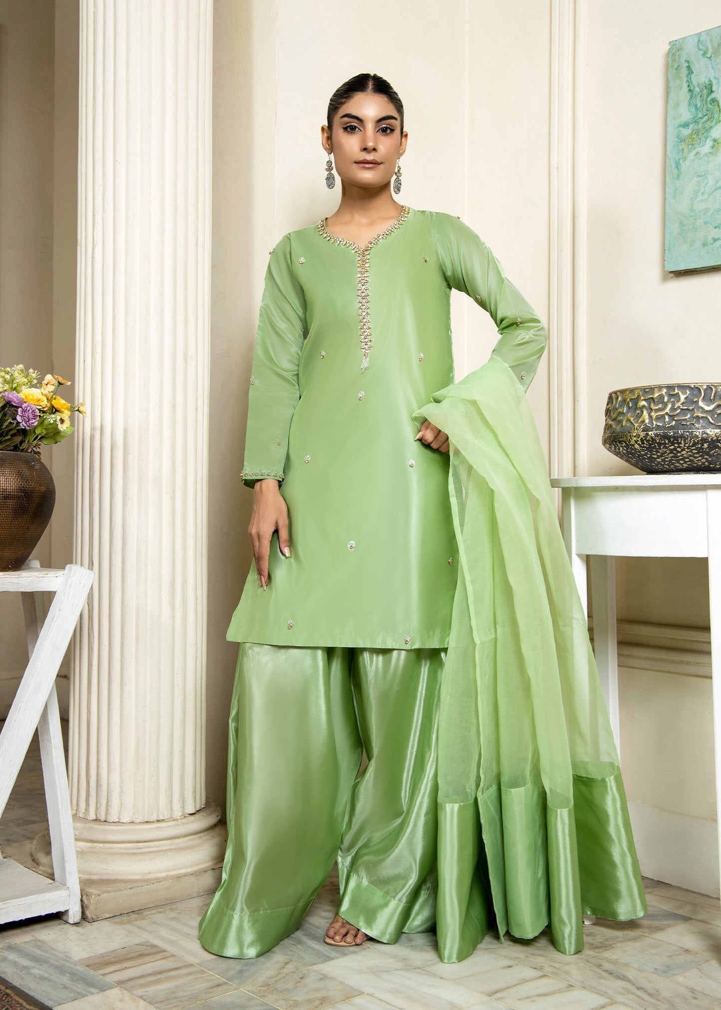 Pakistani Designer Mint Green Farshi Shalwar Suit Online in KSA Riyadh Saudi Arabia Oman Bahrain Qatar