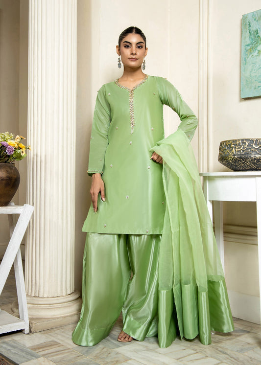 Pakistani Designer Mint Green Farshi Shalwar Suit Online in KSA Riyadh Saudi Arabia Oman Bahrain Qatar