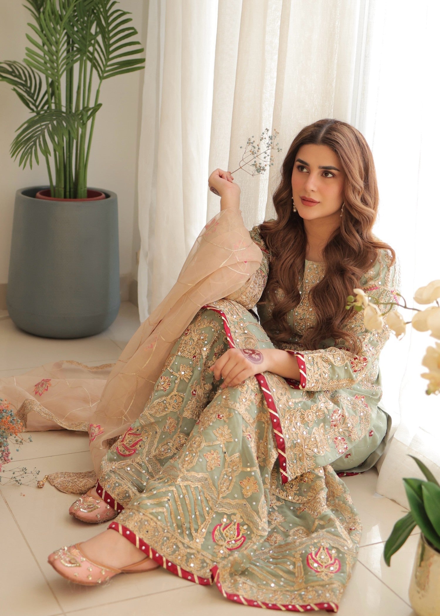 Pakistani Designer Mint Green Organza Gharara Online in KSA Riyadh Saudi Arabia Oman Bahrain Qatar
