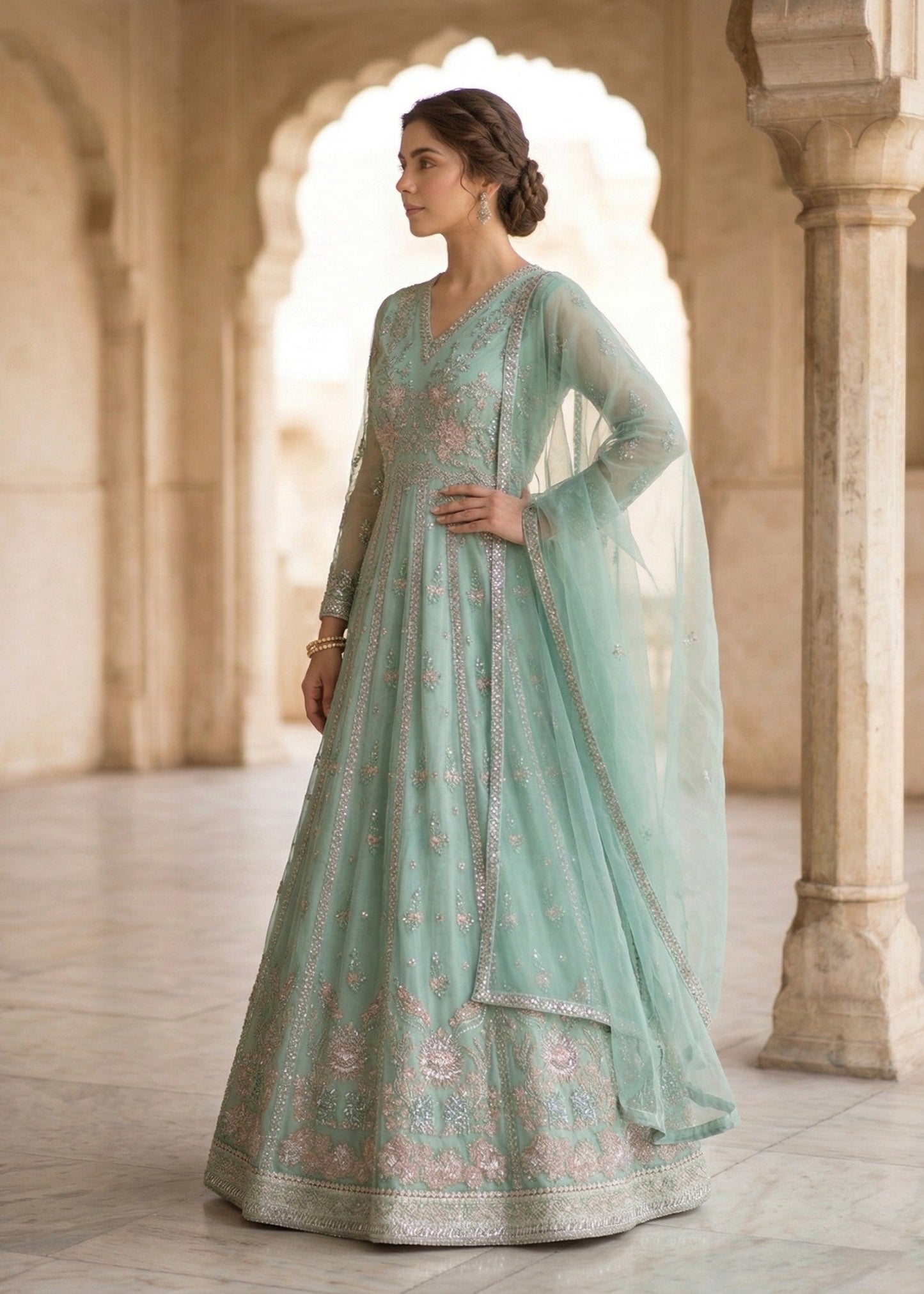 Pakistani Designer Mint Green Organza Suit Online in KSA Riyadh Saudi Arabia Oman Bahrain Qatar