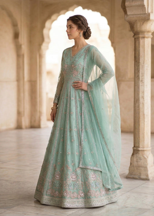 Pakistani Designer Mint Green Organza Suit Online in KSA Riyadh Saudi Arabia Oman Bahrain Qatar