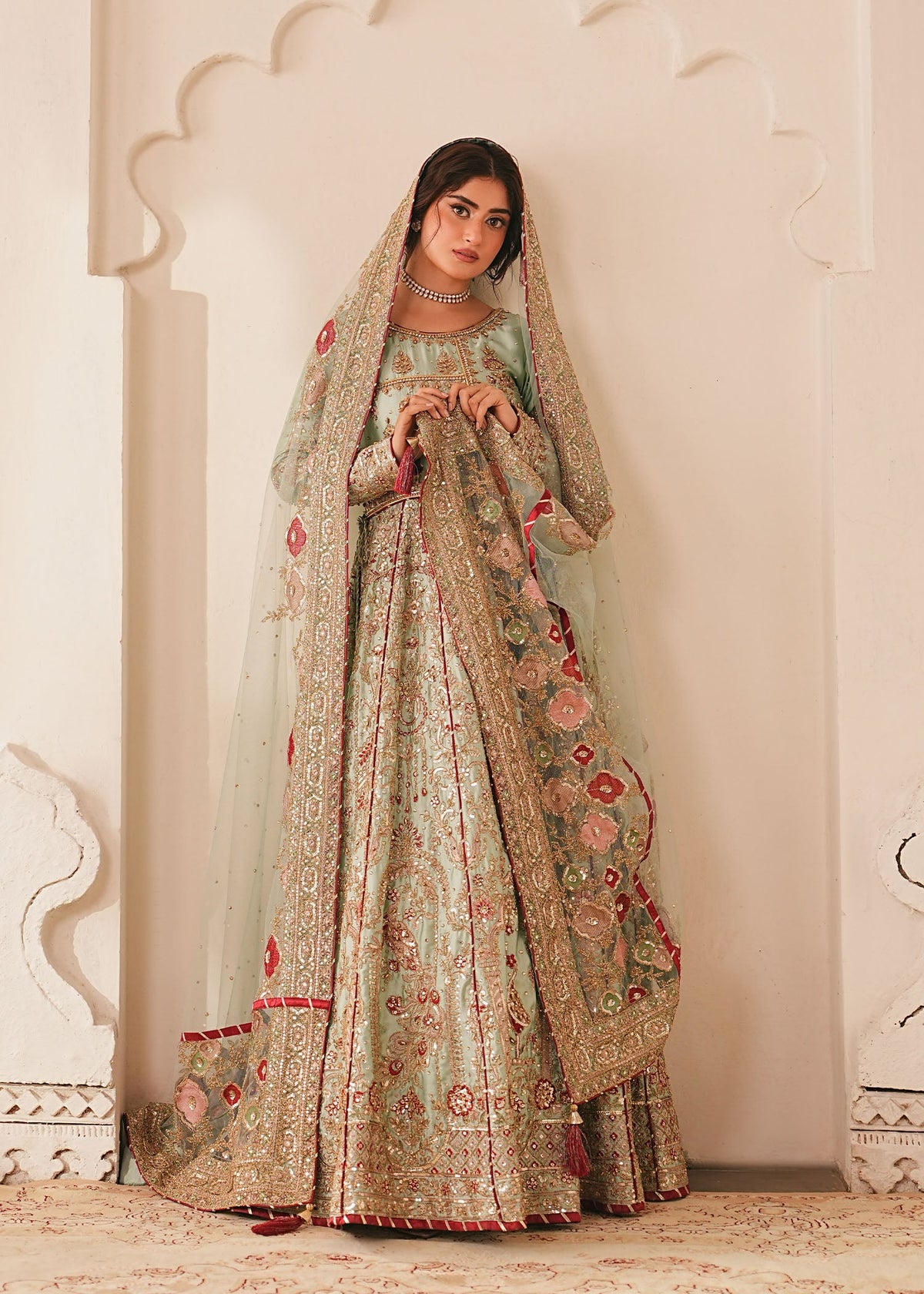 Pakistani Designer Mint Green Silk Charmeuse Salwar Kameez Online in KSA Riyadh Saudi Arabia Oman Bahrain Qatar