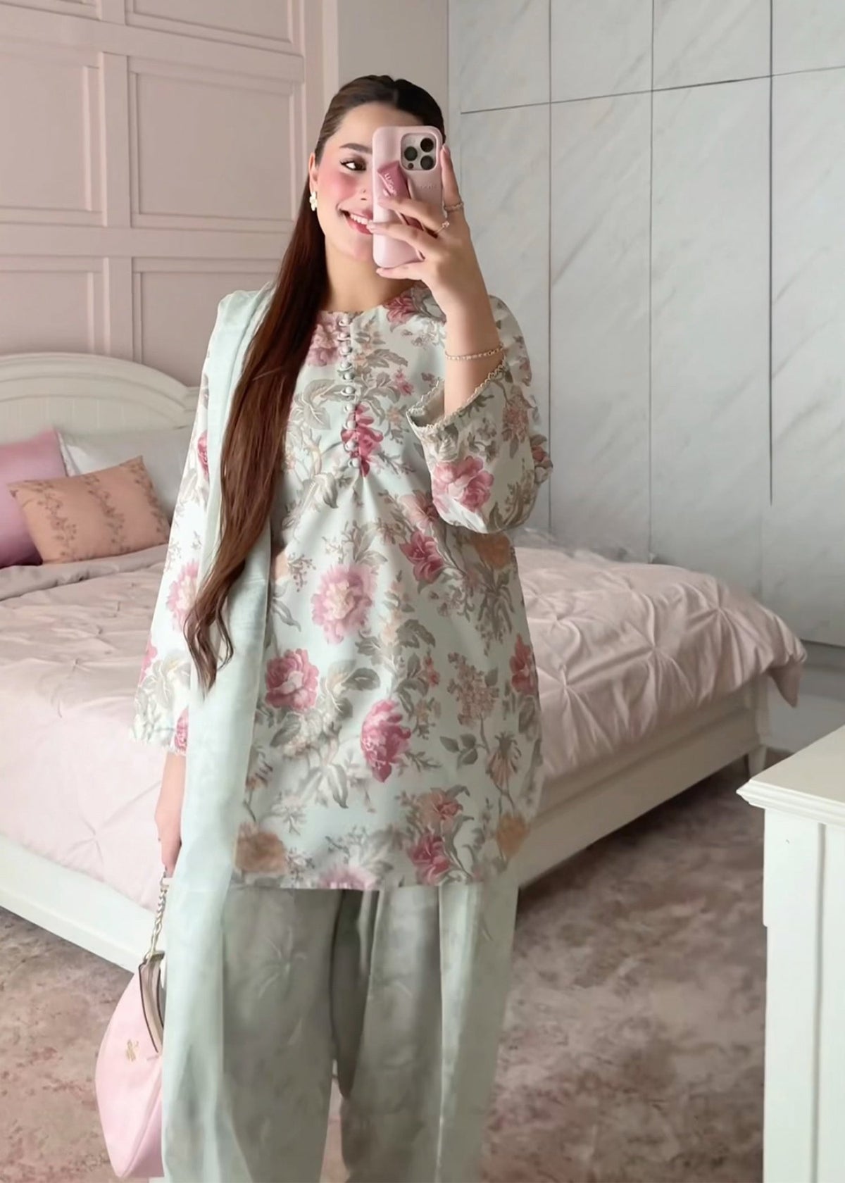 Pakistani Designer Mint Green Silk Finish Lawn Farshi Shalwar Online in KSA Riyadh Saudi Arabia Oman Bahrain Qatar