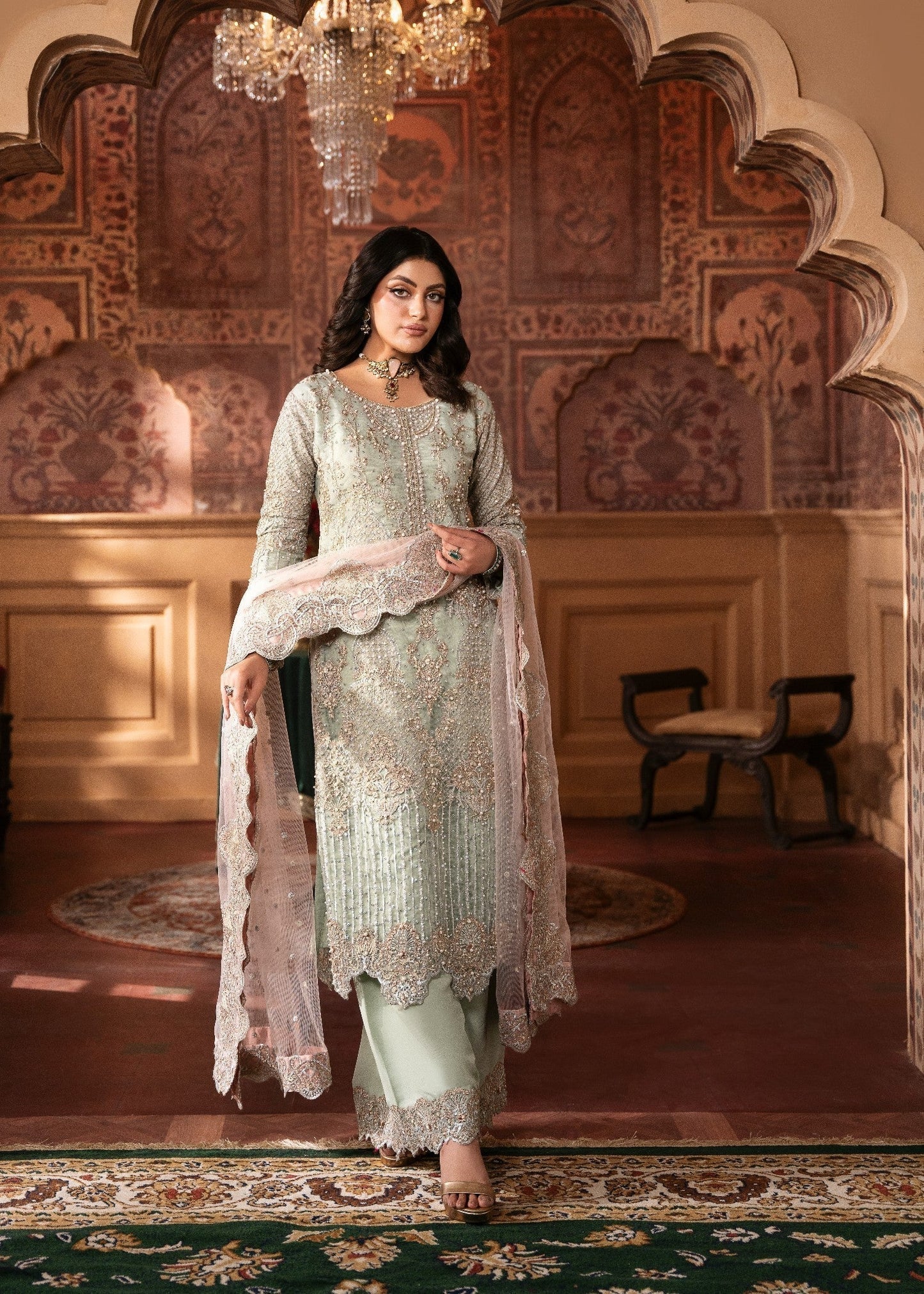 Pakistani Designer Mint Net Embroidered Salwar Kameez Online in KSA Riyadh Saudi Arabia Oman Bahrain Qatar