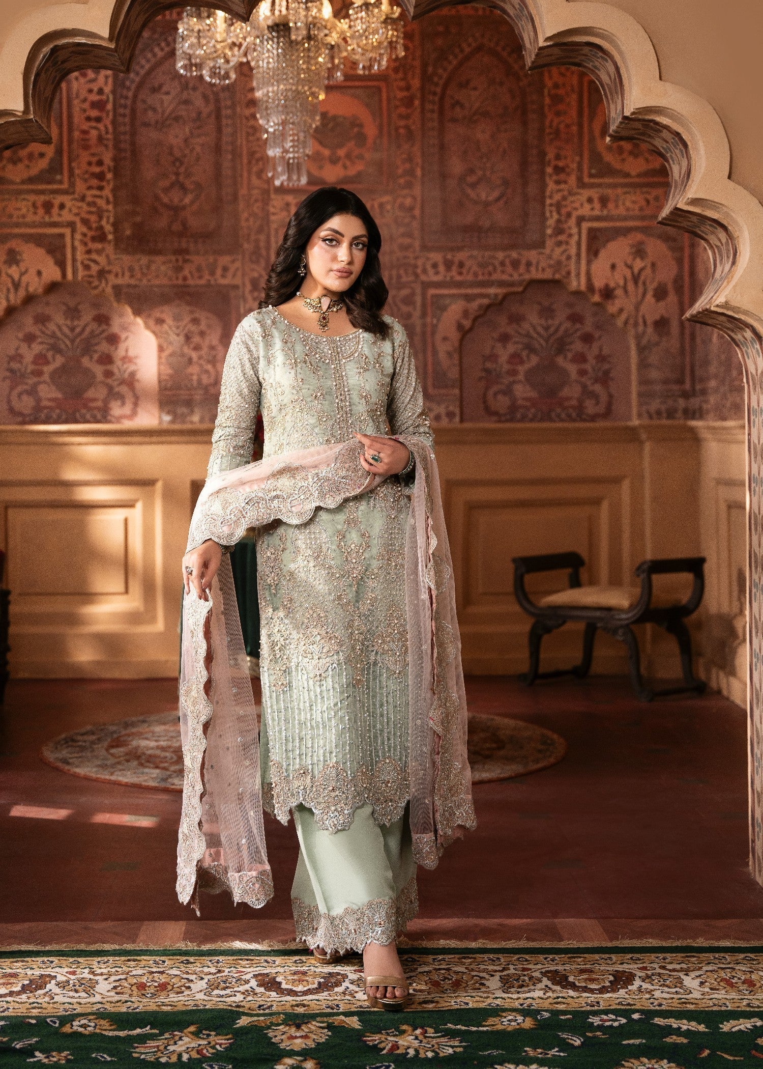 Pakistani Designer Mint Net Embroidered Salwar Kameez Online in KSA Riyadh Saudi Arabia Oman Bahrain Qatar
