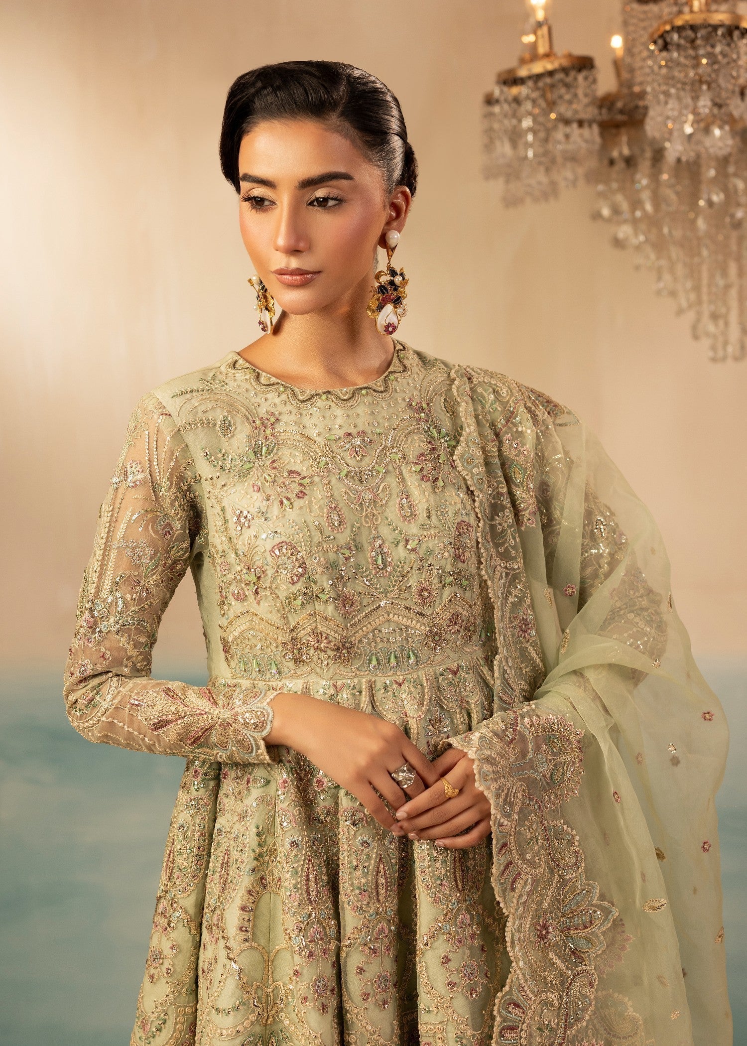 Pakistani Designer Mint Organza Embroidered Salwar Kameez Online in KSA Riyadh Saudi Arabia Oman Bahrain Qatar