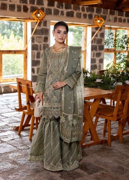 Pakistani Designer Mint Organza Embroidered Suit Online in KSA Riyadh Saudi Arabia Oman Bahrain Qatar
