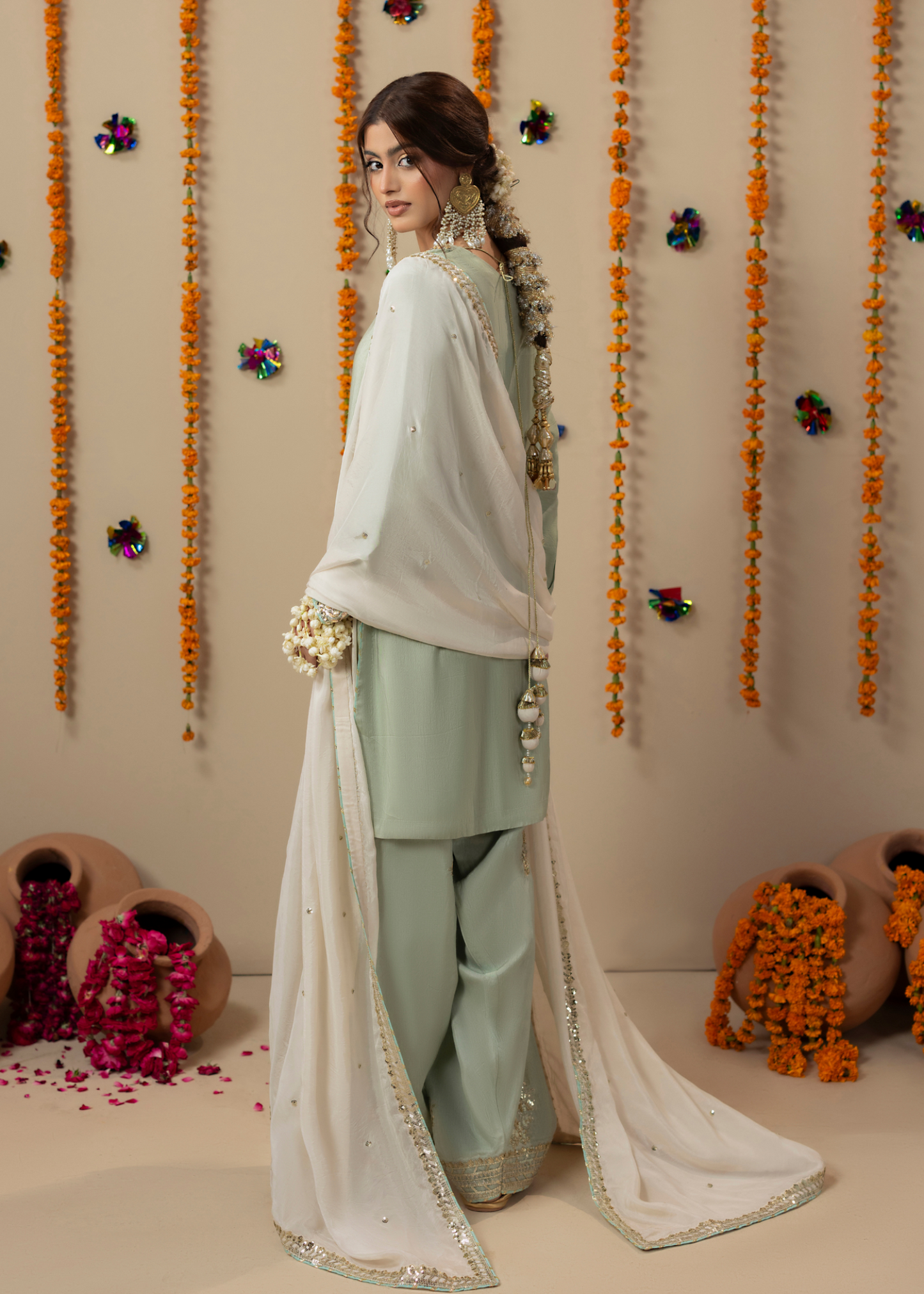 Pakistani Designer Mint Silk Wedding Suit Online in KSA Riyadh Saudi Arabia Oman Bahrain Qatar