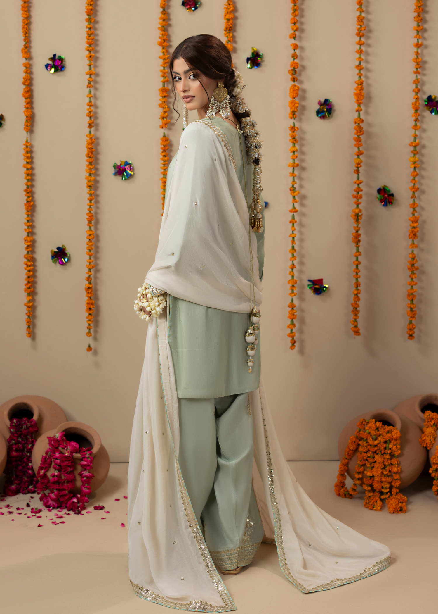 Pakistani Designer Mint Silk Wedding Suit Online in KSA Riyadh Saudi Arabia Oman Bahrain Qatar