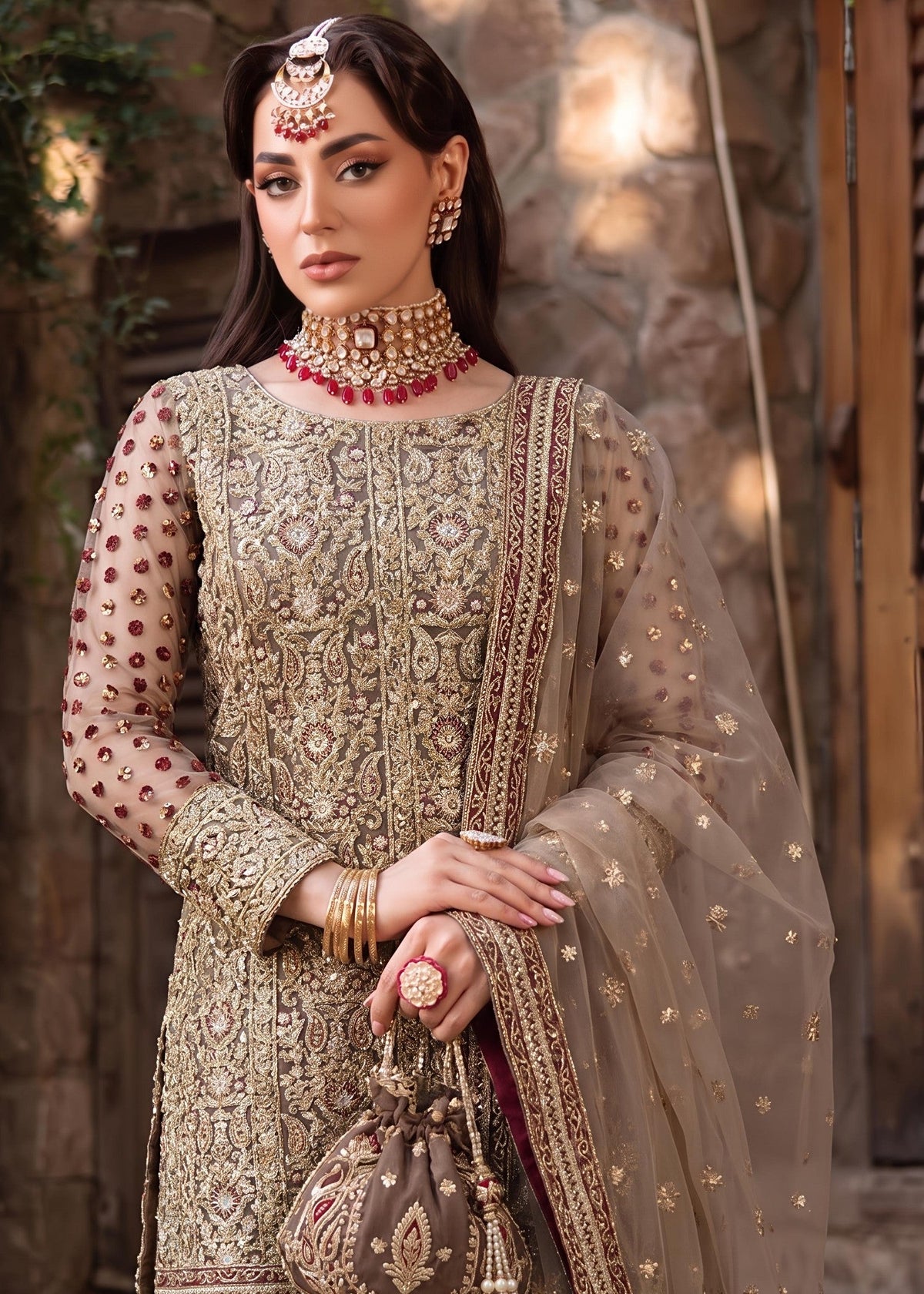 Pakistani Designer Mocha Brown Net Gharara Online in KSA Riyadh Saudi Arabia Oman Bahrain Qatar
