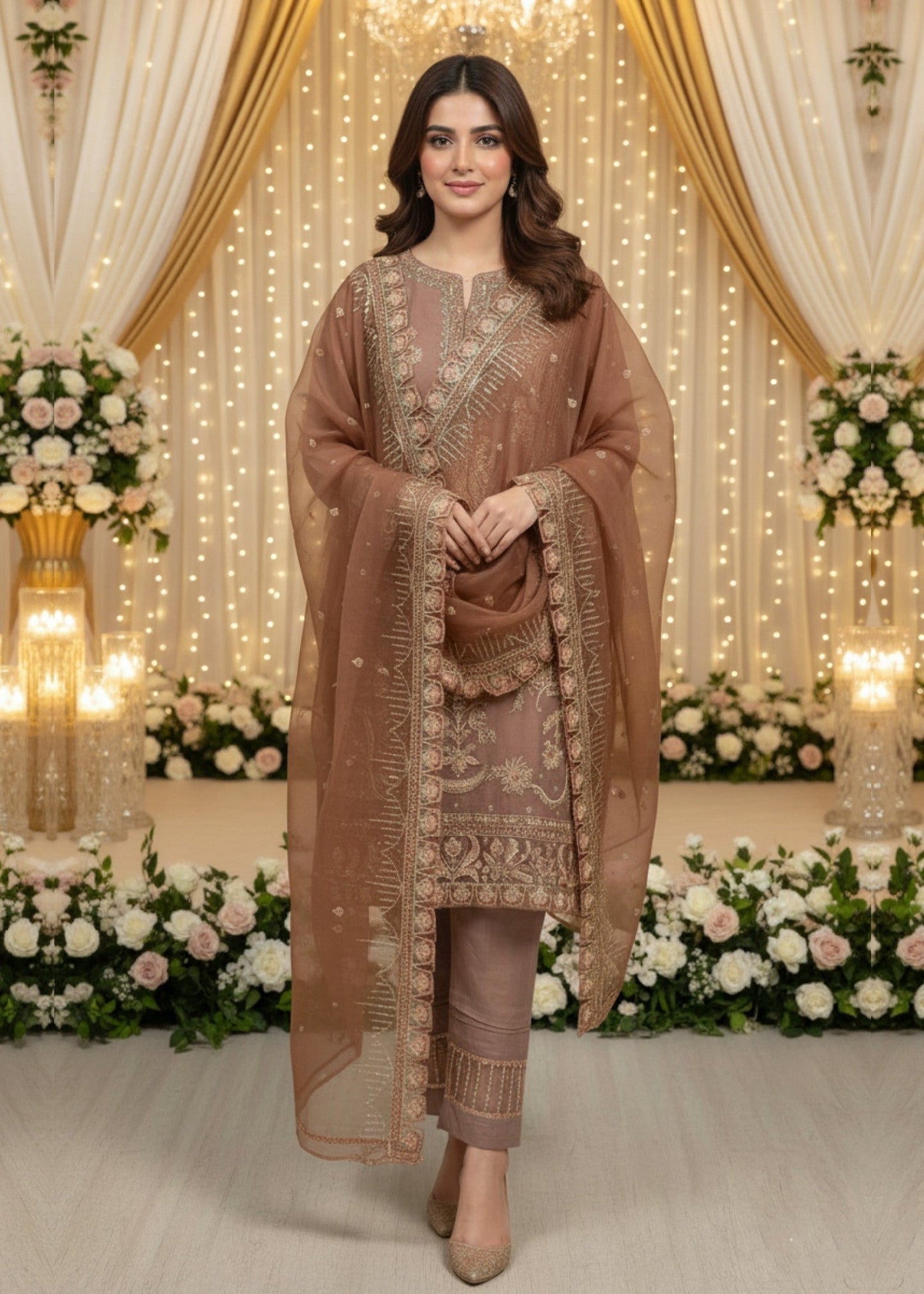 Pakistani Designer Mocha Brown Organza Salwar Kameez Online in KSA Riyadh Saudi Arabia Oman Bahrain Qatar