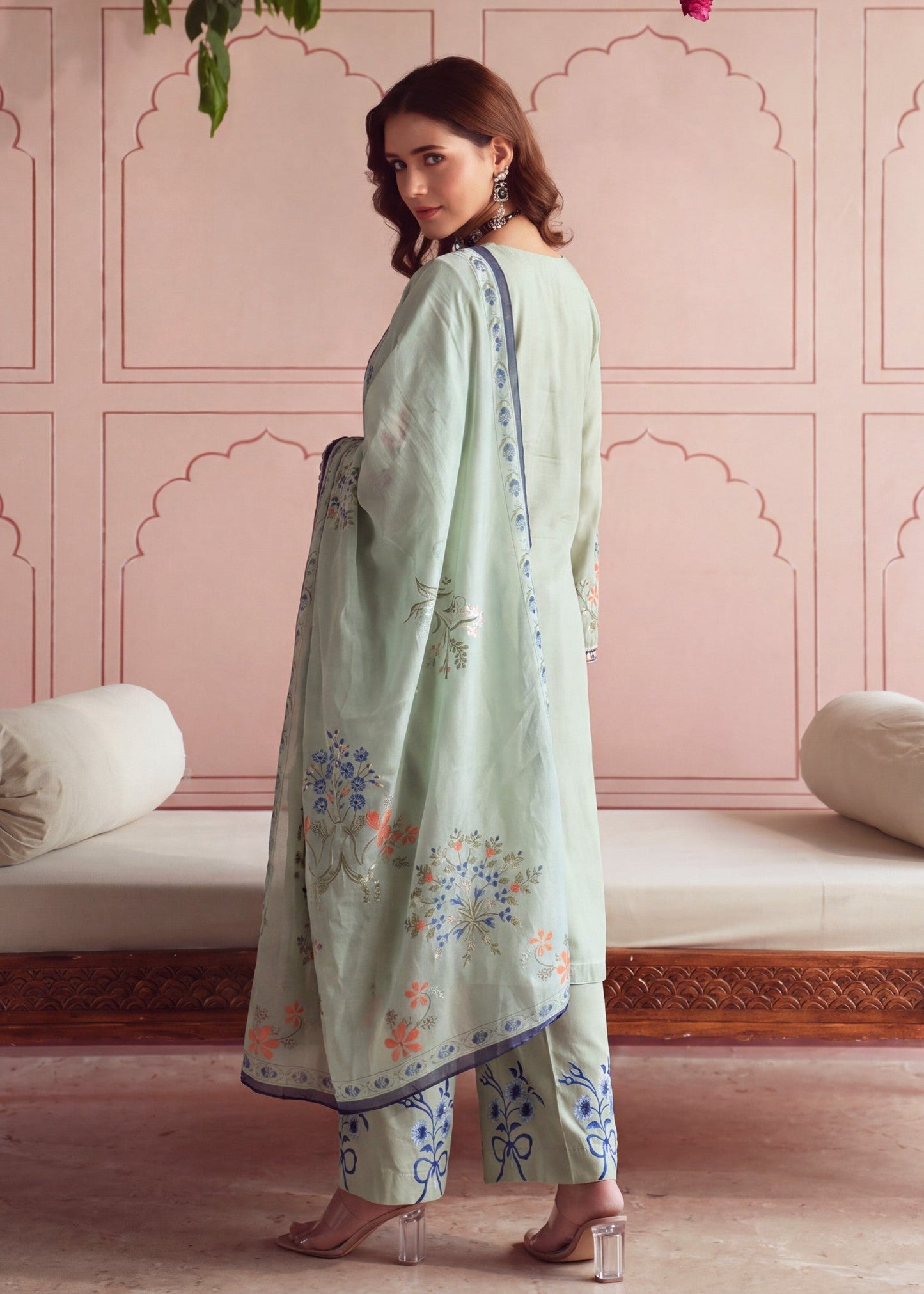 Pakistani Designer Moss Green Lawn Salwar Kameez Online in KSA Riyadh Saudi Arabia Oman Bahrain Qatar