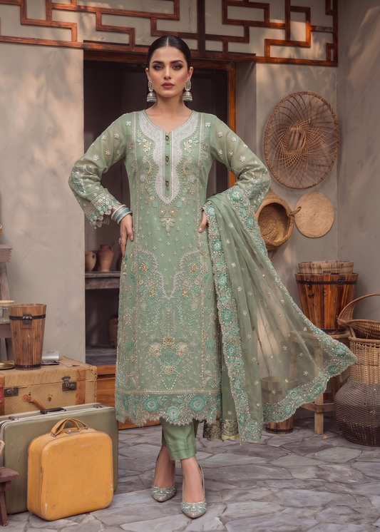Pakistani Designer Moss Green Organza Salwar Kameez Online in KSA Riyadh Saudi Arabia Oman Bahrain Qatar