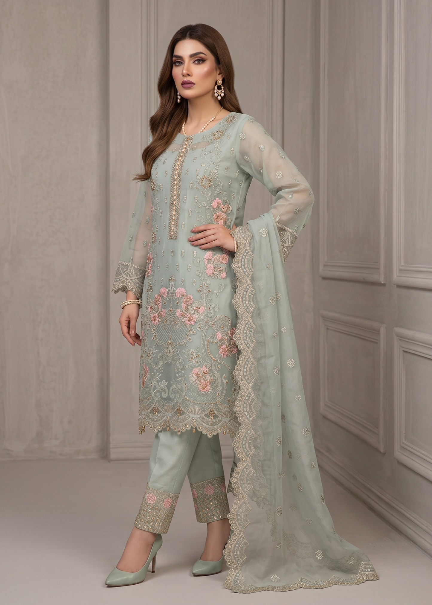 Pakistani Designer Moss Green Organza Salwar Kameez Online in KSA Riyadh Saudi Arabia Oman Bahrain Qatar