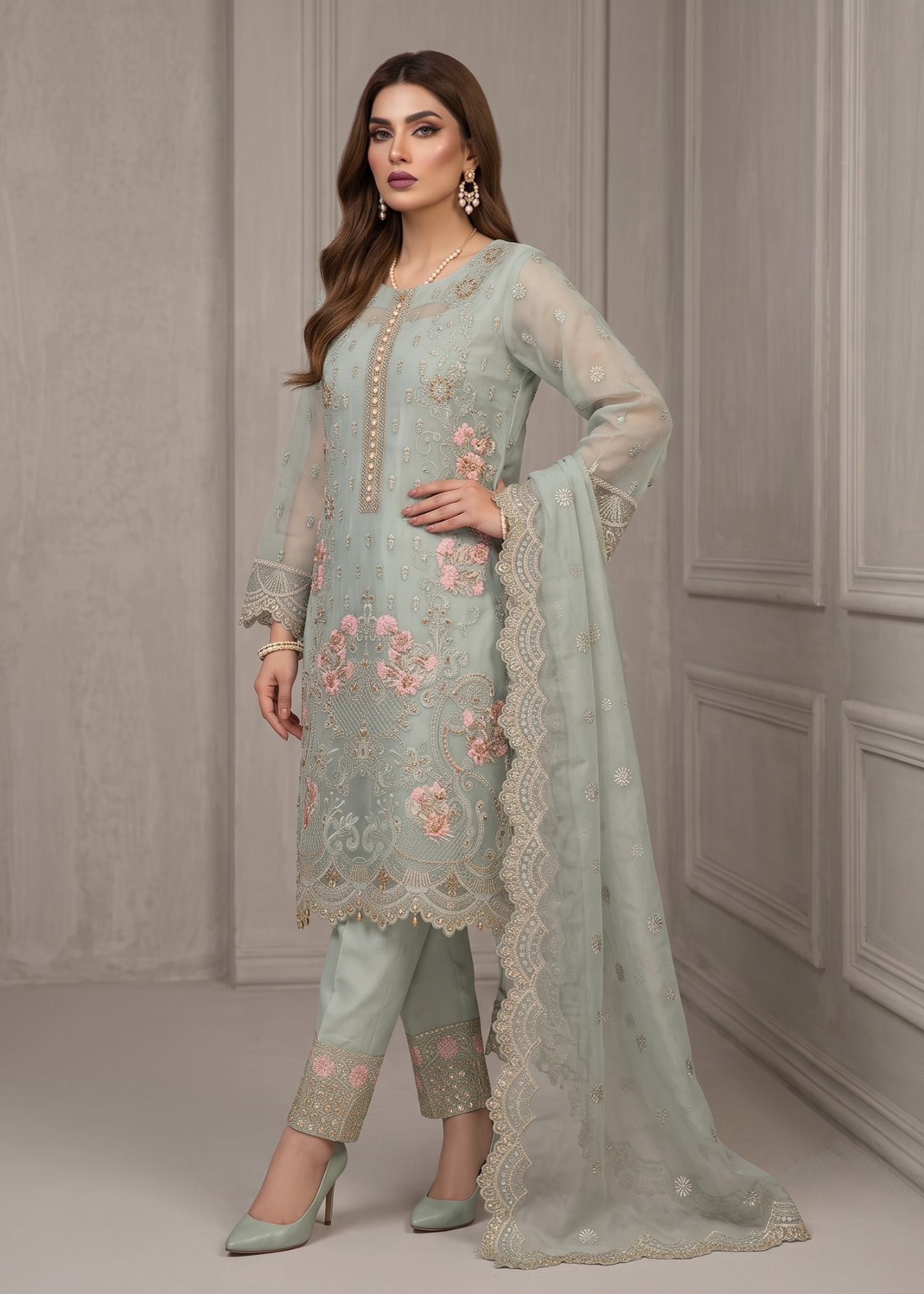 Pakistani Designer Moss Green Organza Salwar Kameez Online in KSA Riyadh Saudi Arabia Oman Bahrain Qatar