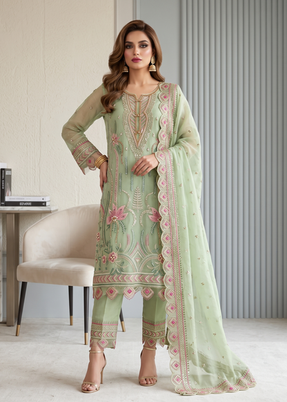 Pakistani Designer Moss Green Organza Salwar Kameez Online in KSA Riyadh Saudi Arabia Oman Bahrain Qatar