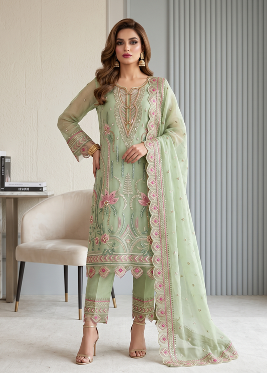 Pakistani Designer Moss Green Organza Salwar Kameez Online in KSA Riyadh Saudi Arabia Oman Bahrain Qatar