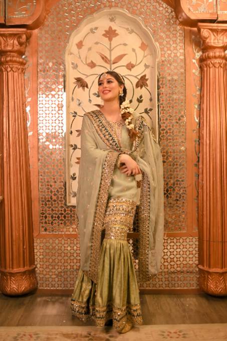 Pakistani Designer Moss Green Wedding Guest Suit Online in KSA Riyadh Saudi Arabia Oman Bahrain Qatar
