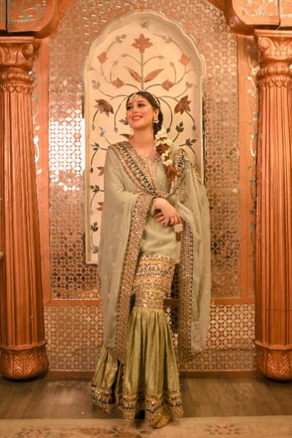 Pakistani Designer Moss Green Wedding Guest Suit Online in KSA Riyadh Saudi Arabia Oman Bahrain Qatar