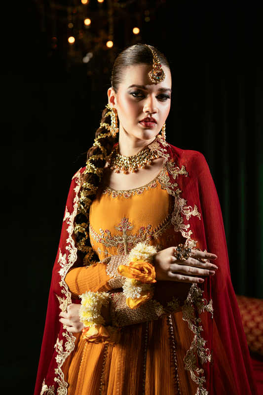Pakistani Designer Mustard Chiffon Pishwas Online in Sri Lanka India Australia