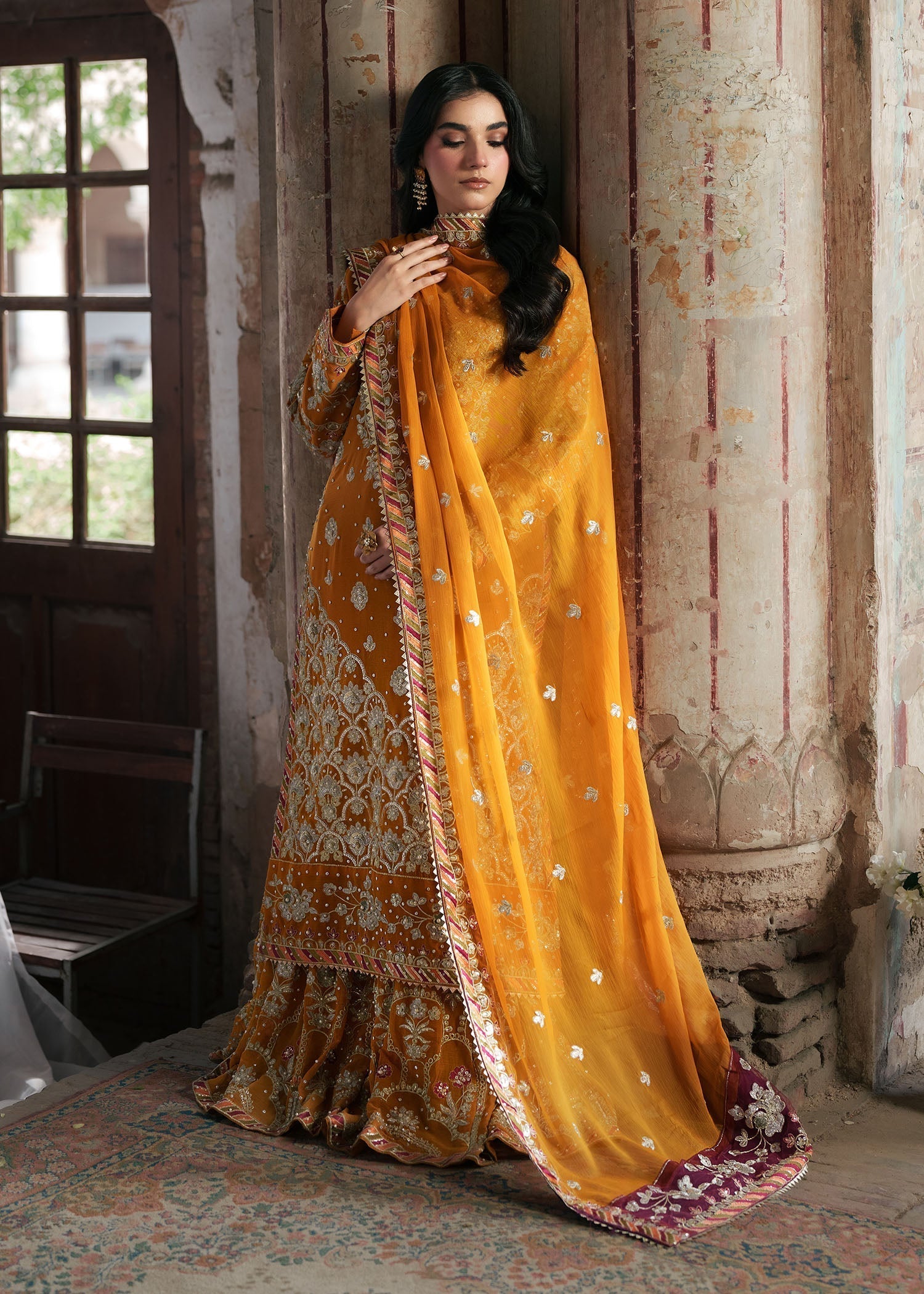 Pakistani Designer Mustard Chiffon Salwar Kameez Online in KSA Riyadh Saudi Arabia Oman Bahrain Qatar