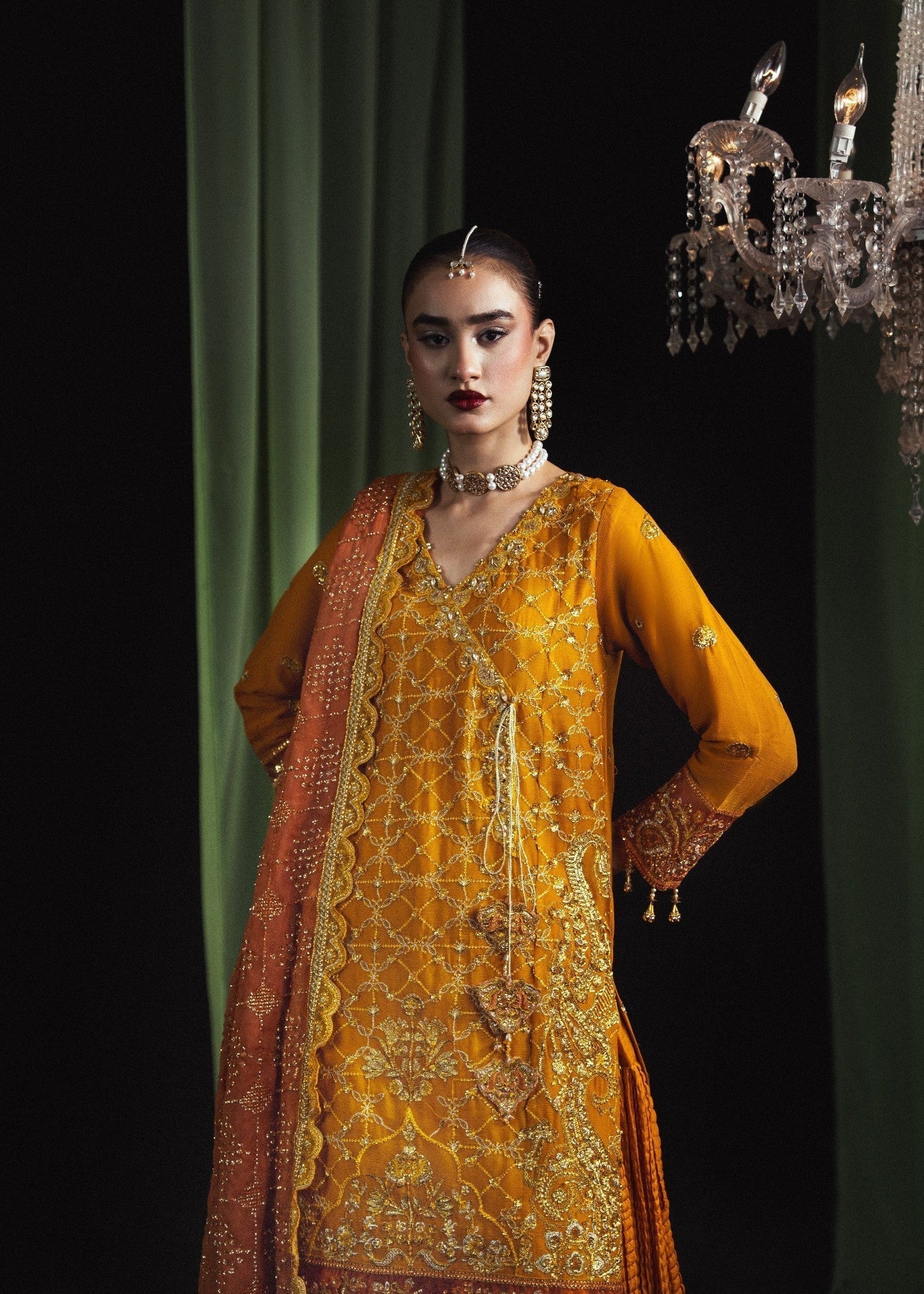 Pakistani Designer Mustard Chiffon Salwar Kameez Online in KSA Riyadh Saudi Arabia Oman Bahrain Qatar