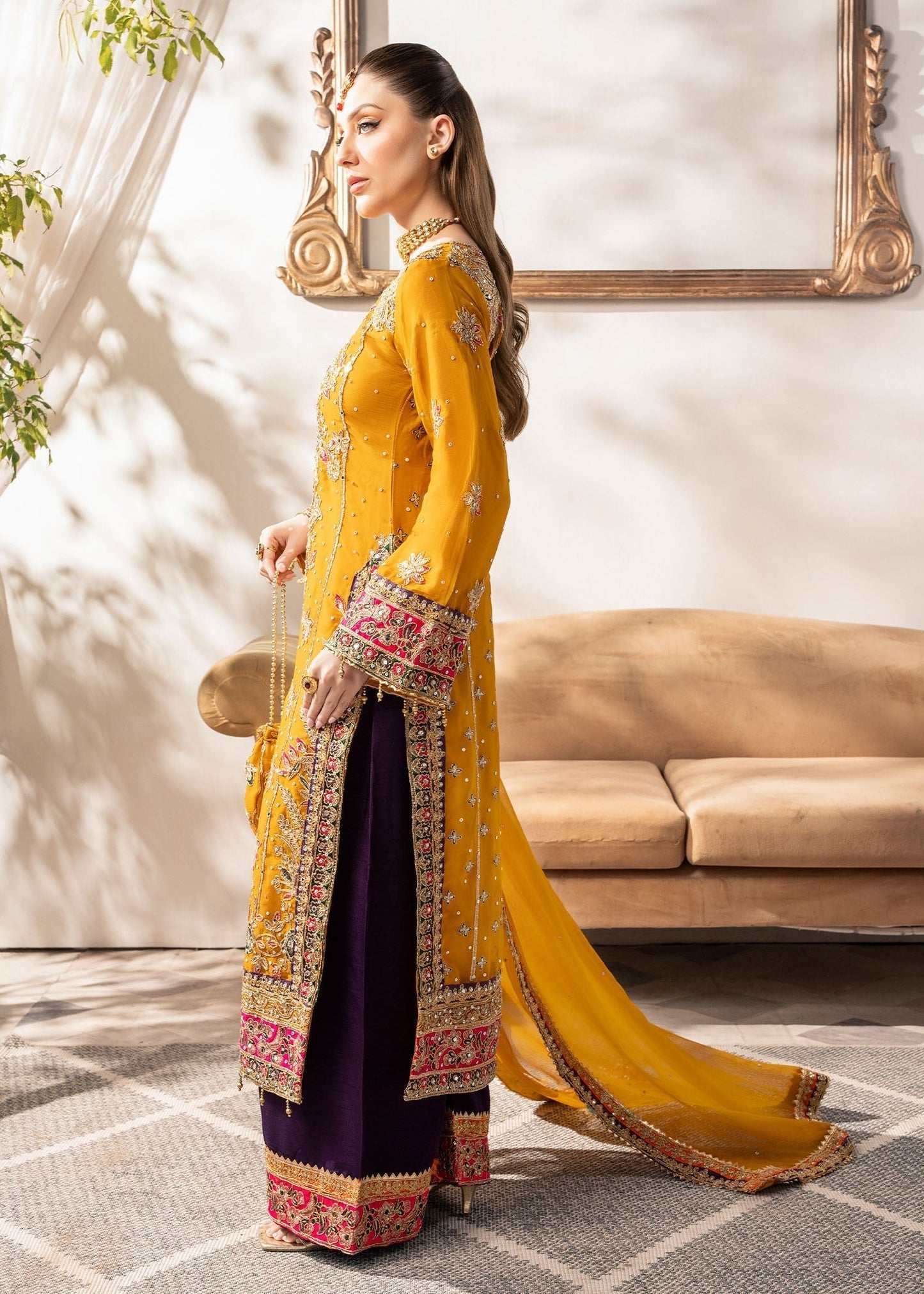 Pakistani Designer Mustard Chiffon Salwar Kameez Online in KSA Riyadh Saudi Arabia Oman Bahrain Qatar