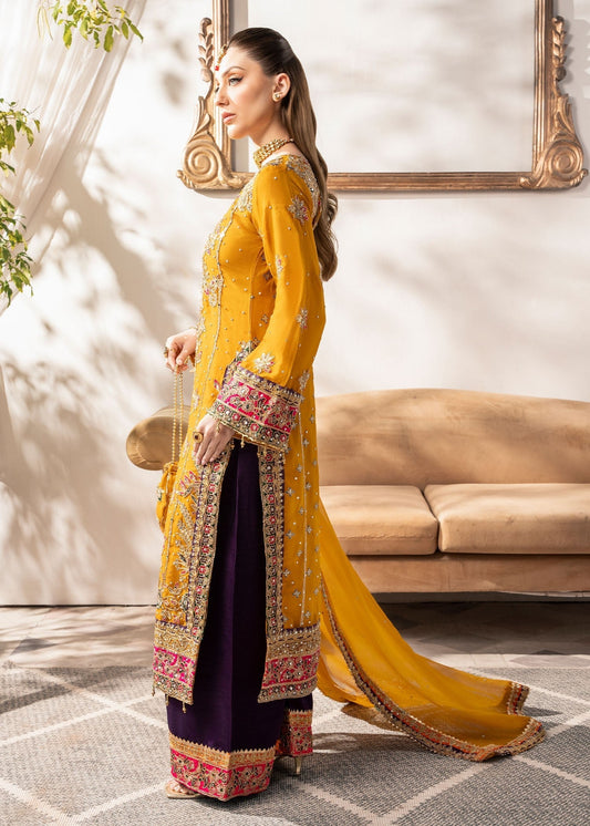 Pakistani Designer Mustard Chiffon Salwar Kameez Online in KSA Riyadh Saudi Arabia Oman Bahrain Qatar