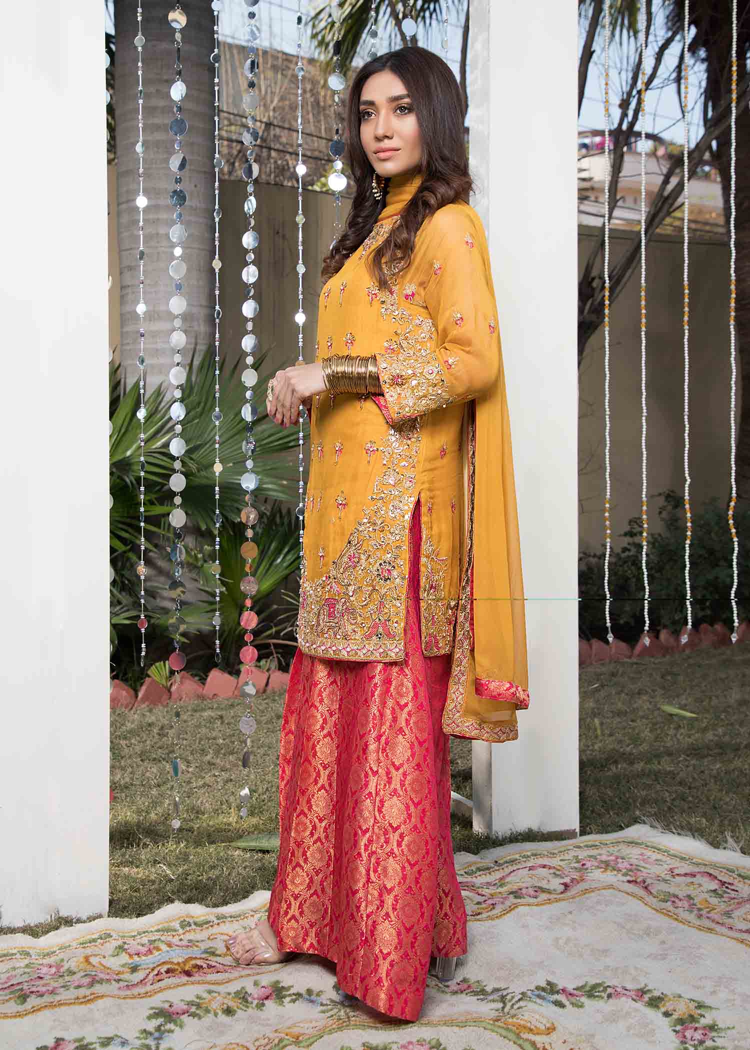 Pakistani Designer Mustard Chiffon Salwar Kameez Online in KSA Riyadh Saudi Arabia Oman Bahrain Qatar