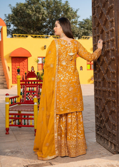 Pakistani Designer Mustard Chiffon Salwar Kameez Online in KSA Riyadh Saudi Arabia Oman Bahrain Qatar