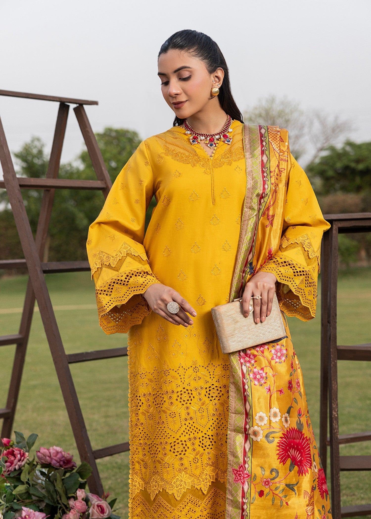 Pakistani Designer Mustard Chikankari Cotton Salwar Kameez Online in KSA Riyadh Saudi Arabia Oman Bahrain Qatar
