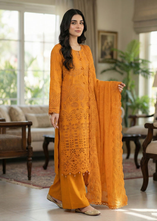 Pakistani Designer Mustard Chikankari Cotton Suit Online in KSA Riyadh Saudi Arabia Oman Bahrain Qatar