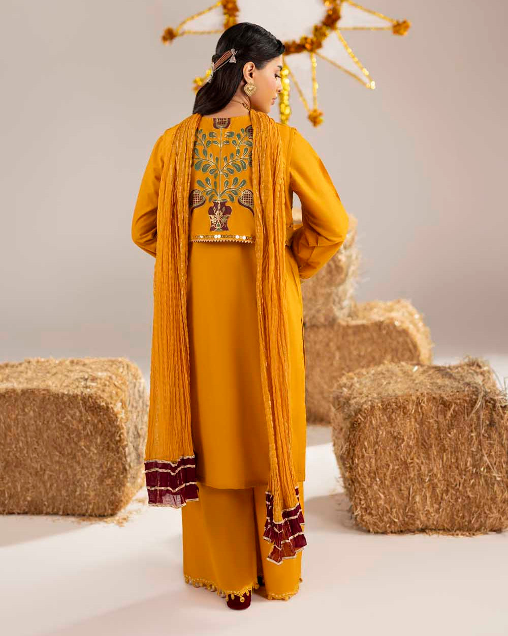 Pakistani Designer Mustard Cotton Embroidered Suit Online in KSA Riyadh Saudi Arabia Oman Bahrain Qatar