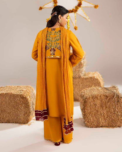 Pakistani Designer Mustard Cotton Embroidered Suit Online in KSA Riyadh Saudi Arabia Oman Bahrain Qatar
