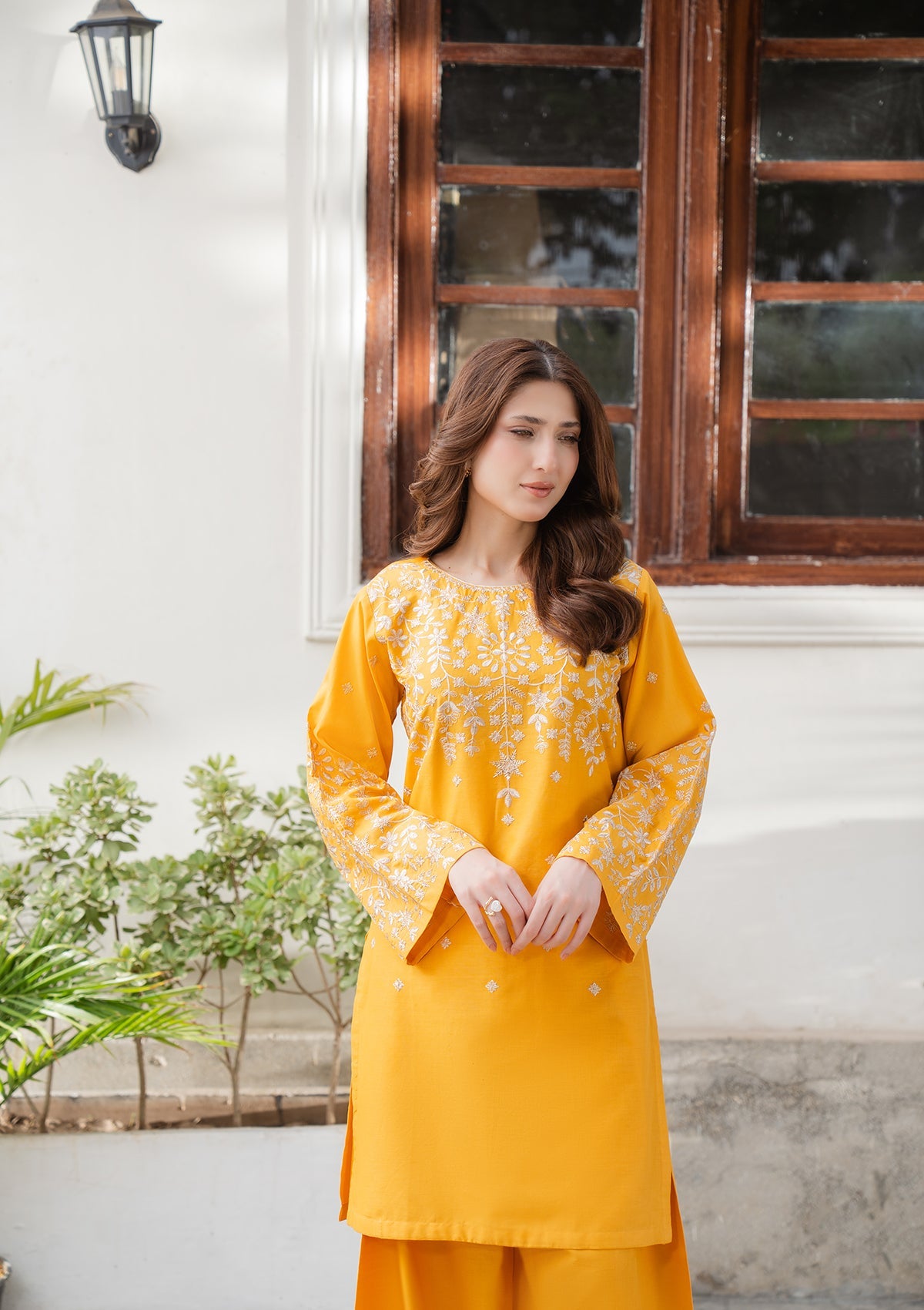 Pakistani Designer Mustard Cotton Embroidered Suit Online in KSA Riyadh Saudi Arabia Oman Bahrain Qatar