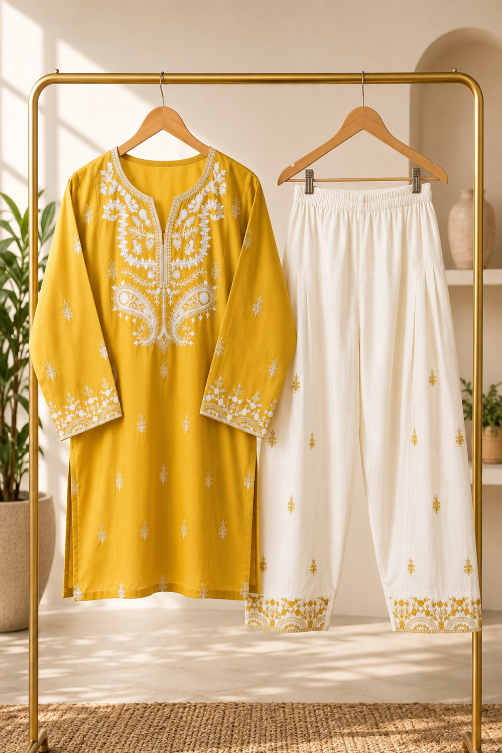 Pakistani Designer Mustard Cotton Farshi Suit Online in KSA Riyadh Saudi Arabia Oman Bahrain Qatar