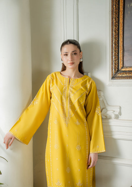 Pakistani Designer Mustard Cotton Salwar Kameez Online in KSA Riyadh Saudi Arabia Oman Bahrain Qatar