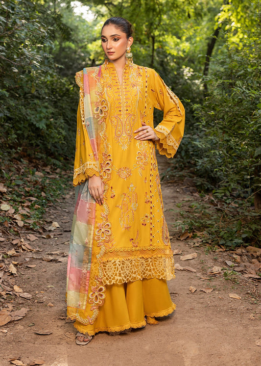 Pakistani Designer Mustard Embroidered Lawn Salwar Kameez Online in KSA Riyadh Saudi Arabia Oman Bahrain Qatar