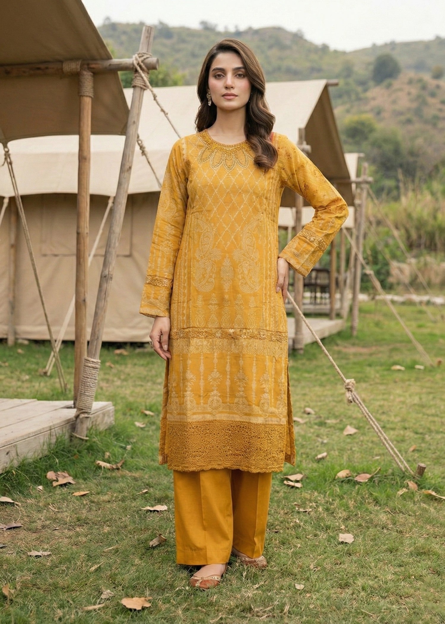 Pakistani Designer Mustard Embroidered Suit Online in KSA Riyadh Saudi Arabia Oman Bahrain Qatar