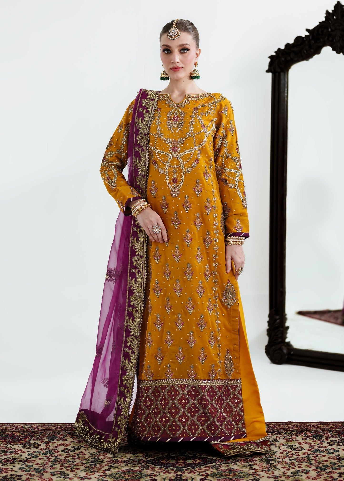 Pakistani Designer Mustard Gold Chiffon Wedding Outfit Online in KSA Riyadh Saudi Arabia Oman Bahrain Qatar