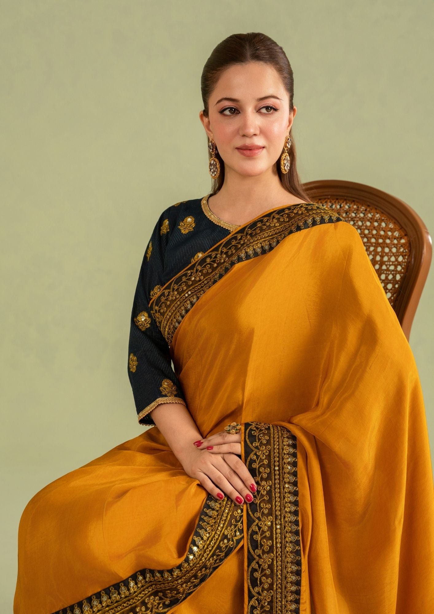 Pakistani Designer Mustard Gold Silk Saree for Partywear Online in KSA Riyadh Saudi Arabia Oman Bahrain Qatar
