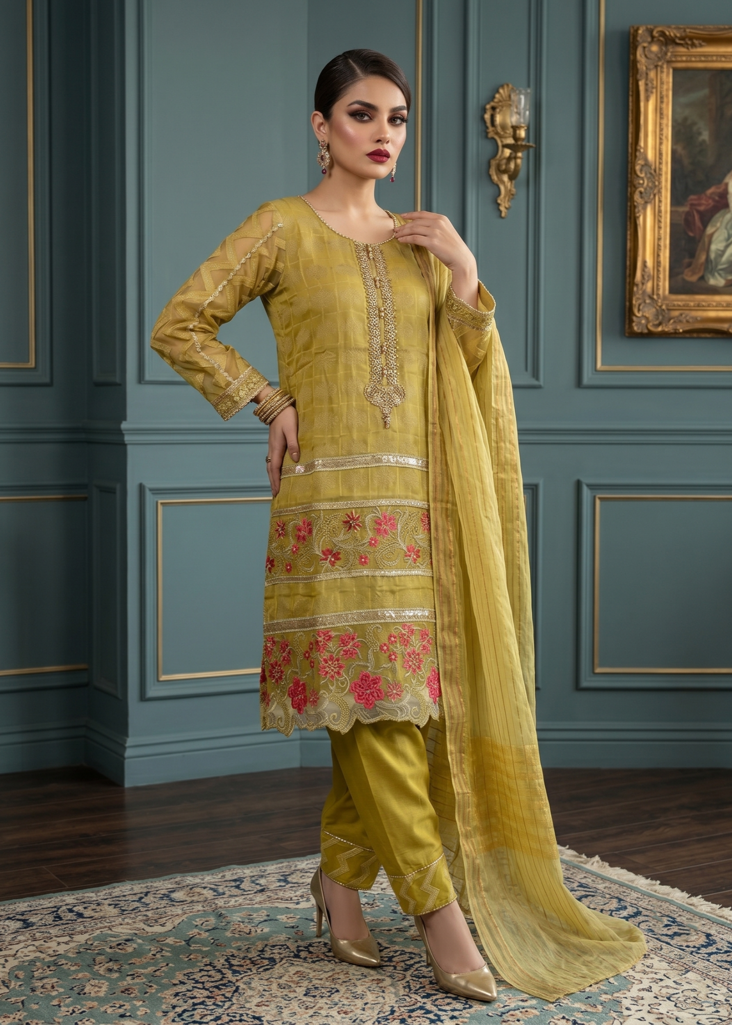 Pakistani Designer Mustard Jacquard Salwar Kameez Online in KSA Riyadh Saudi Arabia Oman Bahrain Qatar
