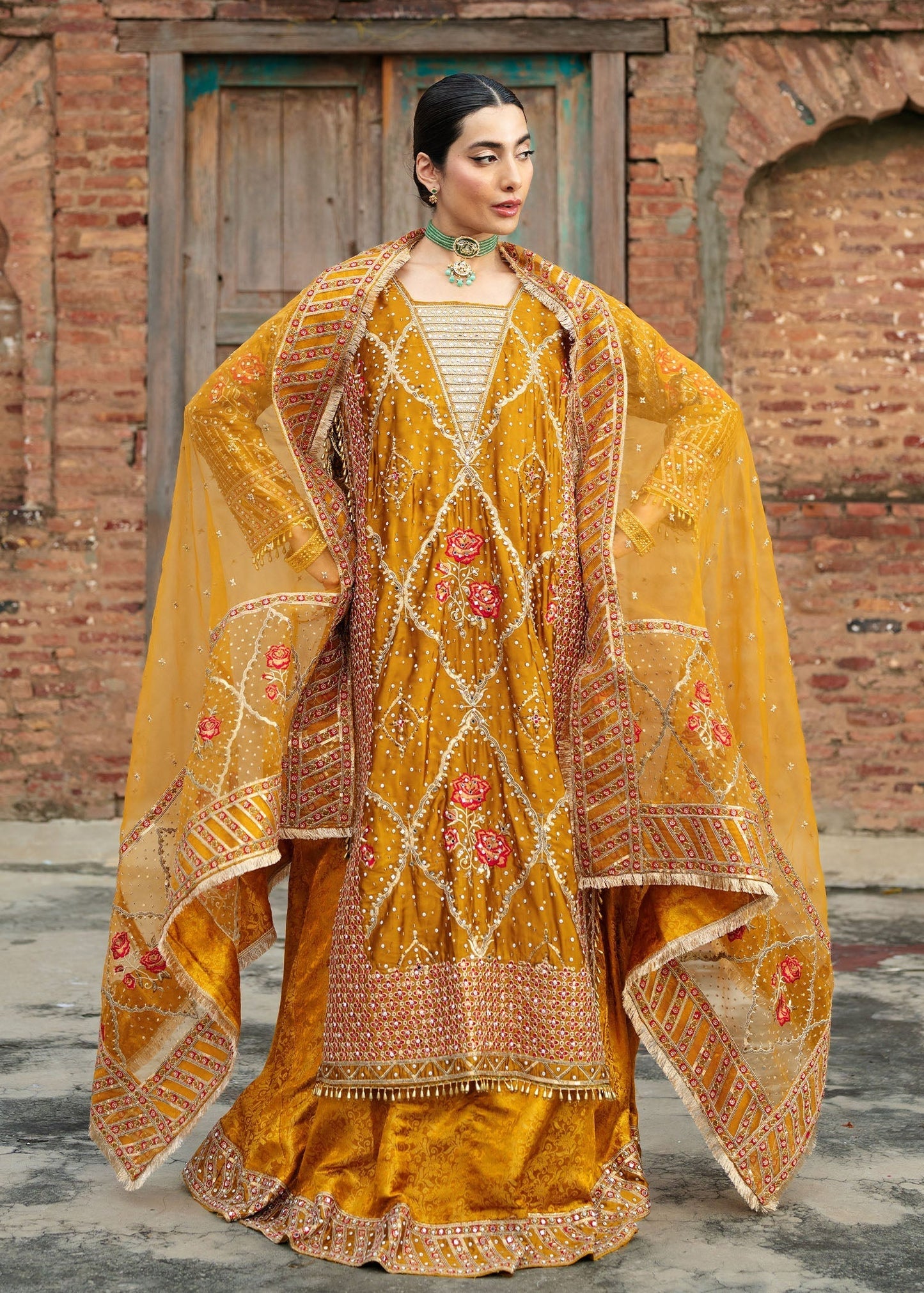 Pakistani Designer Mustard Jamawar Suit Online in UK USA Canada
