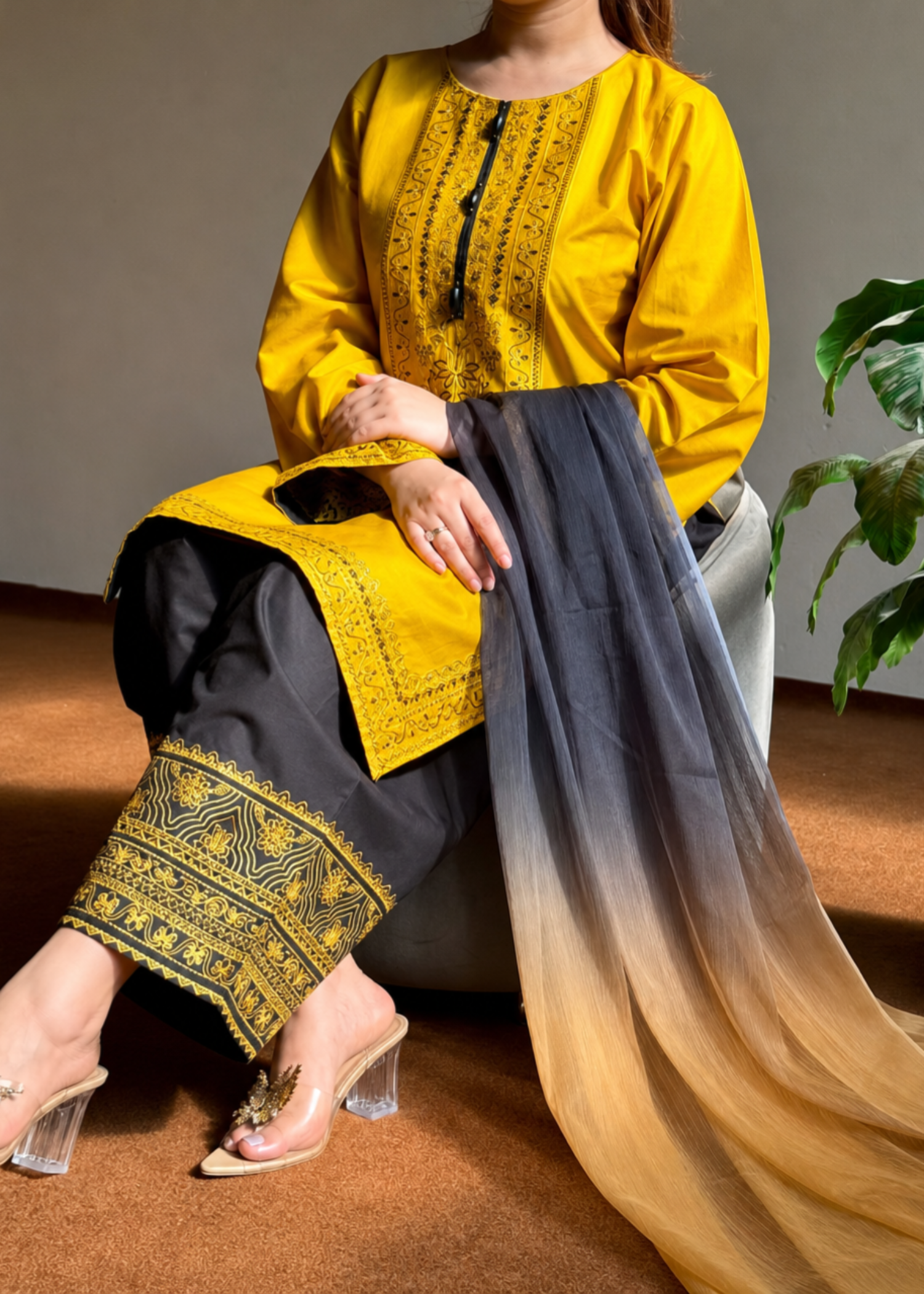 Pakistani Designer Mustard Lawn Embroidered Shalwar Kameez Online in KSA Riyadh Saudi Arabia Oman Bahrain Qatar