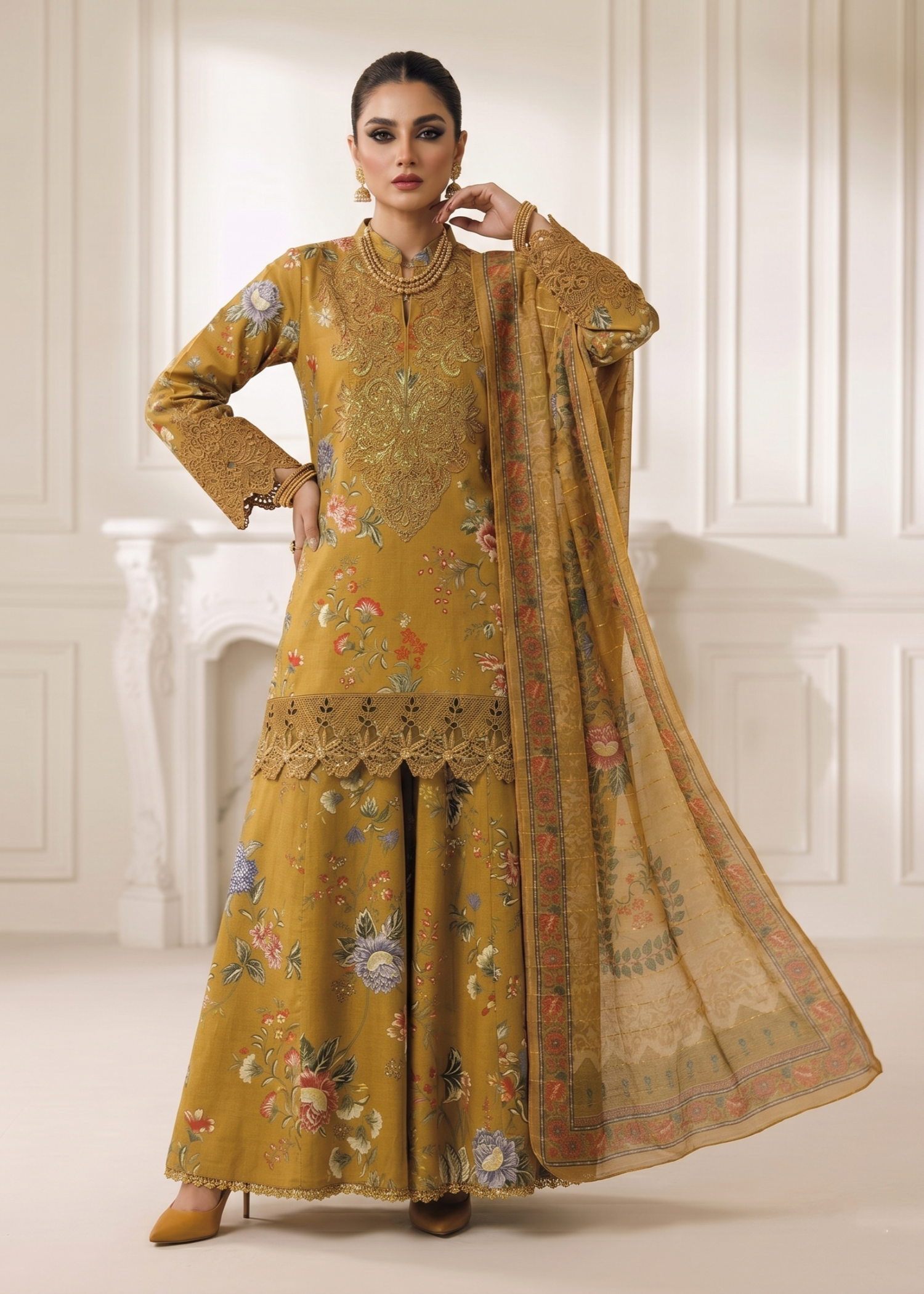 Pakistani Designer Mustard Lawn Salwar Kameez Online in KSA Riyadh Saudi Arabia Oman Bahrain Qatar